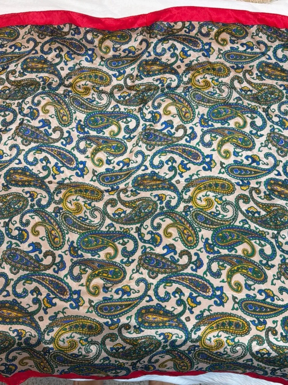 Paisley Silk-Feel Scarf with Red Border